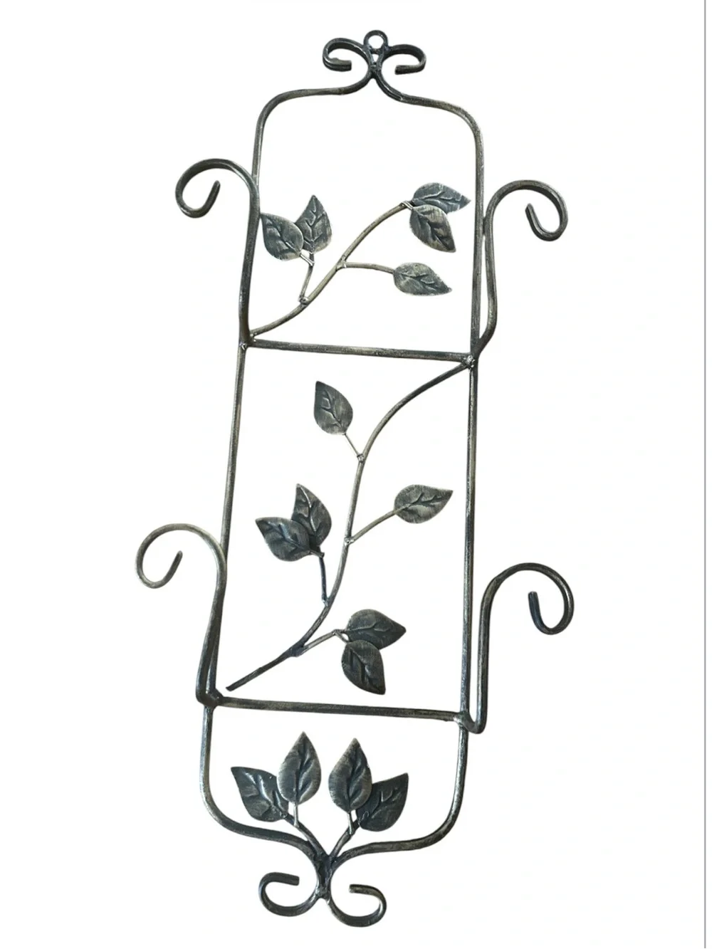 Vintage Wrought Iron Wall Plate Display Rack with Leaf Motif in Aged Bronze